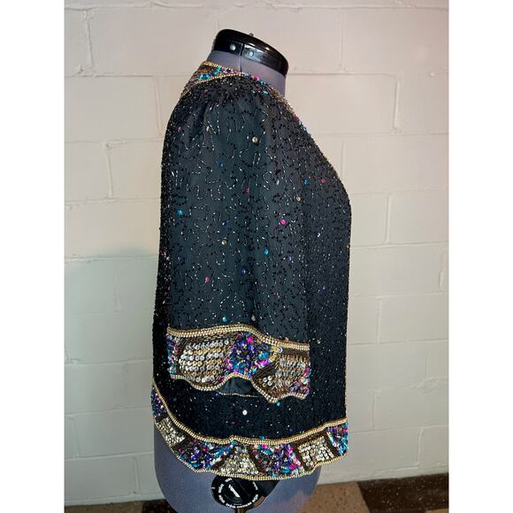 jacket beaded sequins short sleeve 100% silk black purple gold blue glam - Picture 8 of 13